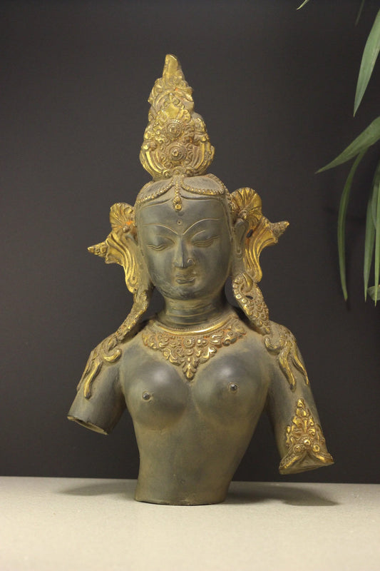 Brassaura® Brass Tara Bust Statue with Rustic Black & Gold Finish | Height 14 Inches & Weight 4.3 Kgs