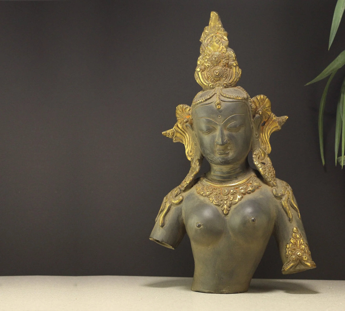 Brassaura® Brass Tara Bust Statue with Rustic Black & Gold Finish | Height 14 Inches & Weight 4.3 Kgs