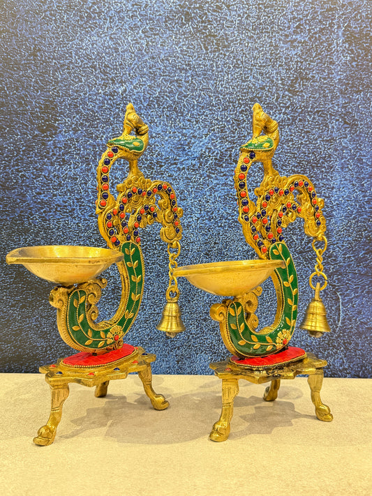 Brassaura® Brass Peacock Diya Set | Height 8 Inches
