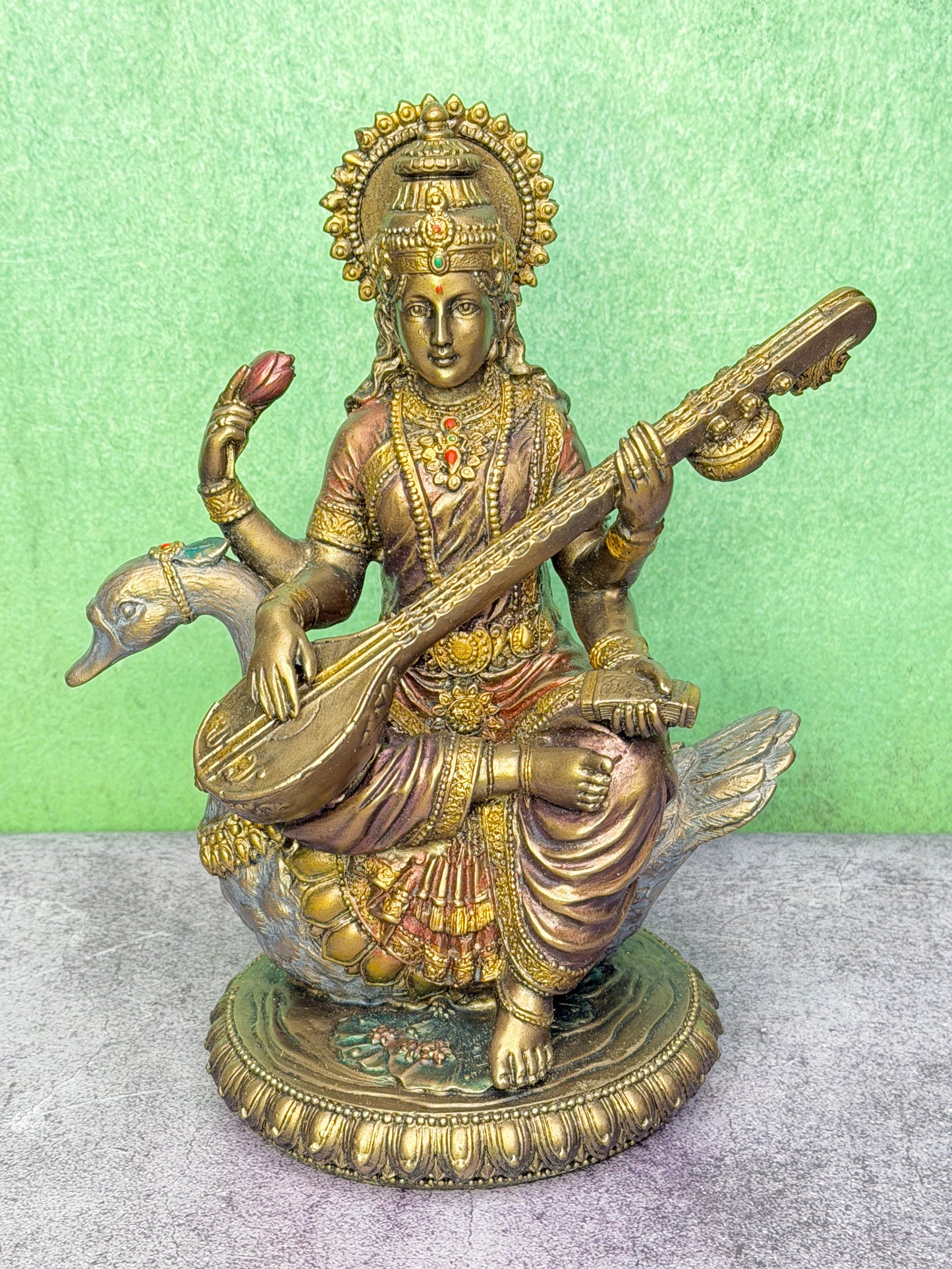 Brassaura™ Resin Saraswati Idol – Height 8 Inches & Weight 1 Kg | Elegant Home & Temple Décor
