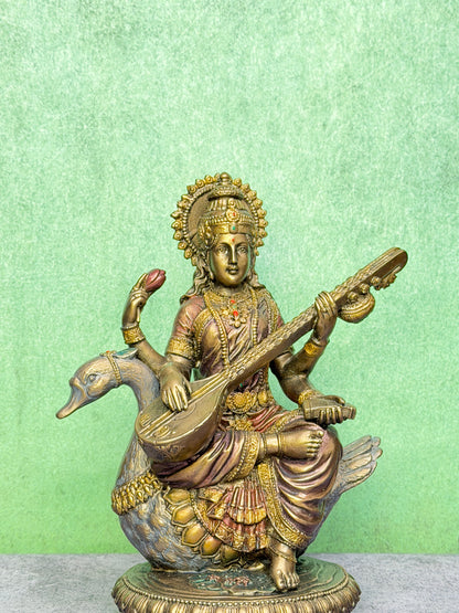 Brassaura™ Resin Saraswati Idol – Height 8 Inches & Weight 1 Kg | Elegant Home & Temple Décor