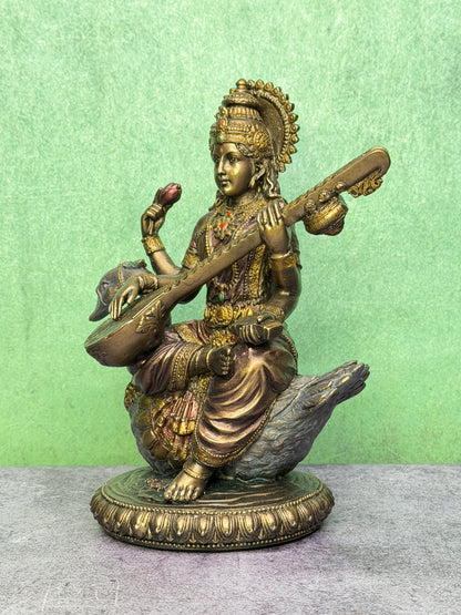 Brassaura™ Resin Saraswati Idol – Height 8 Inches & Weight 1 Kg | Elegant Home & Temple Décor
