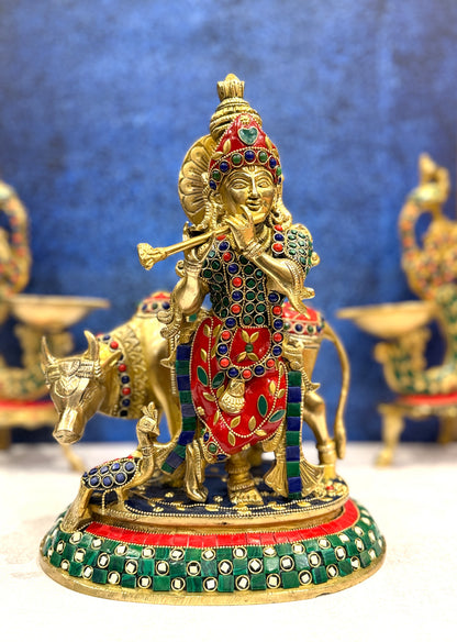 Brassaura® Brass Cow Krishna Statue | Height 12 Inches