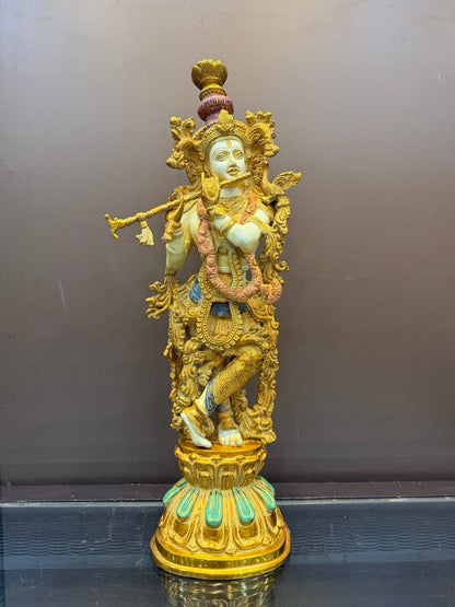ब्रासोरा® वृंदावन वेणुगोपाल कृष्ण पीतल की प्रतिमा मोर के साथ | एंटीक नीला और सुनहरा रंग | ऊँचाई 20 इंच