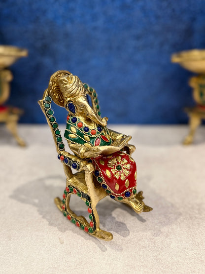Brassaura® Brass Ganesha On Chair Statue | Height 7 Inches