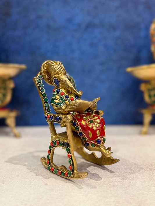 Brassaura® Brass Ganesha On Chair Statue | Height 7 Inches
