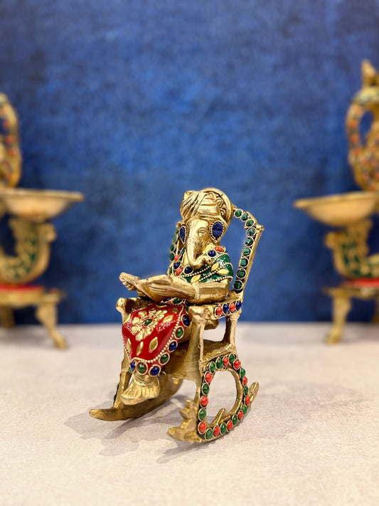 Brassaura® Brass Ganesha On Chair Statue | Height 7 Inches