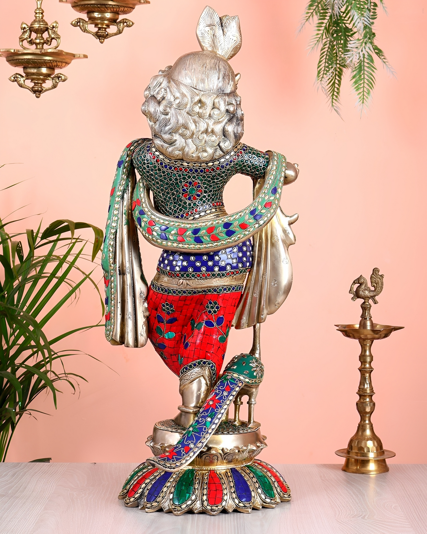 Brassaura® Brass Superfine Krishna with Peacock Statue | Height 27 Inches