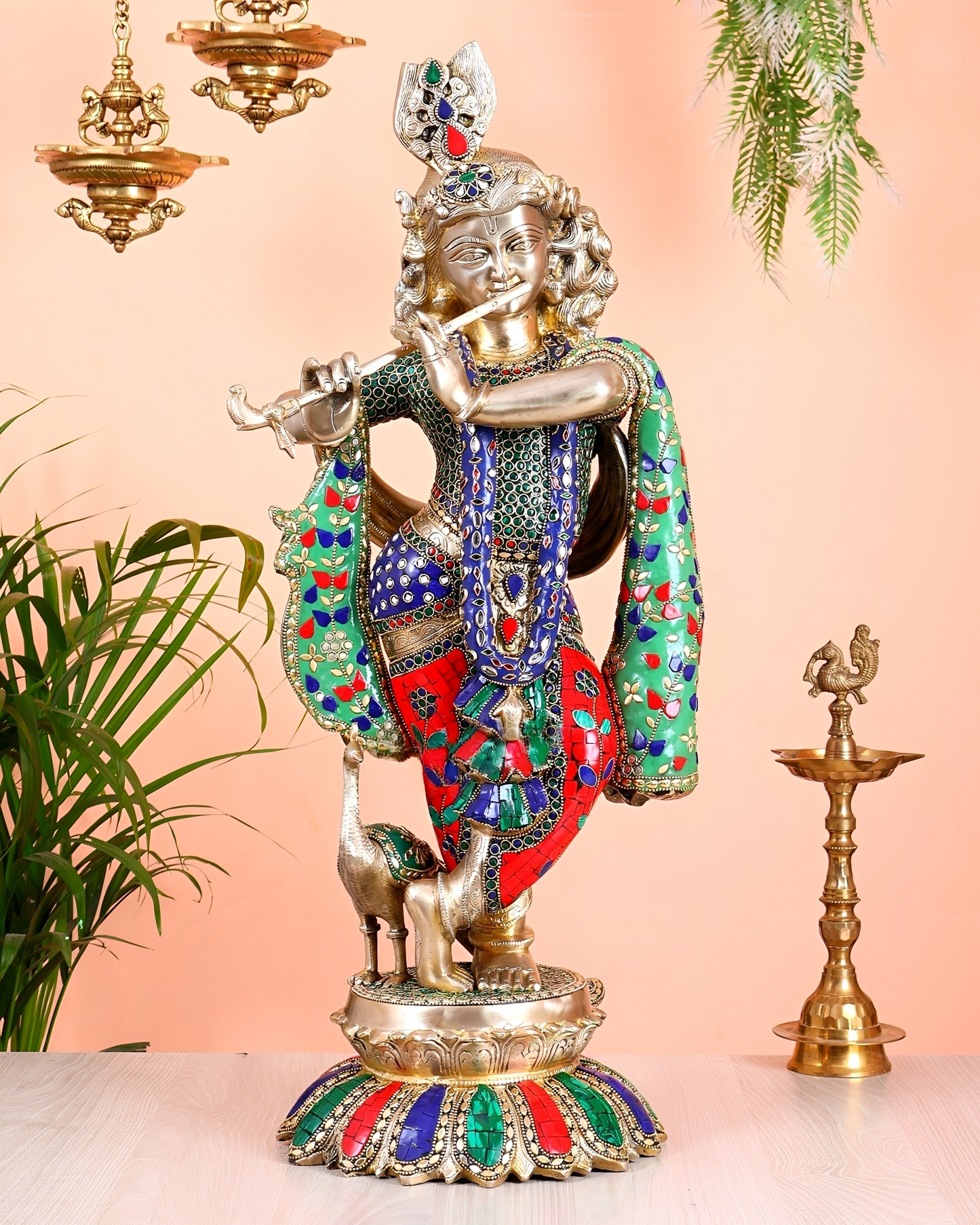 Brassaura® Brass Superfine Krishna with Peacock Statue | Height 27 Inches