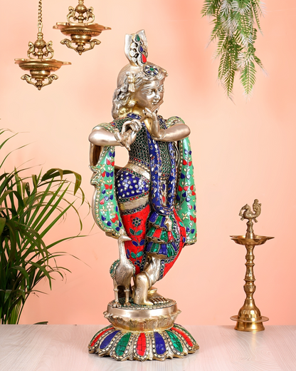 Brassaura® Brass Superfine Krishna with Peacock Statue | Height 27 Inches