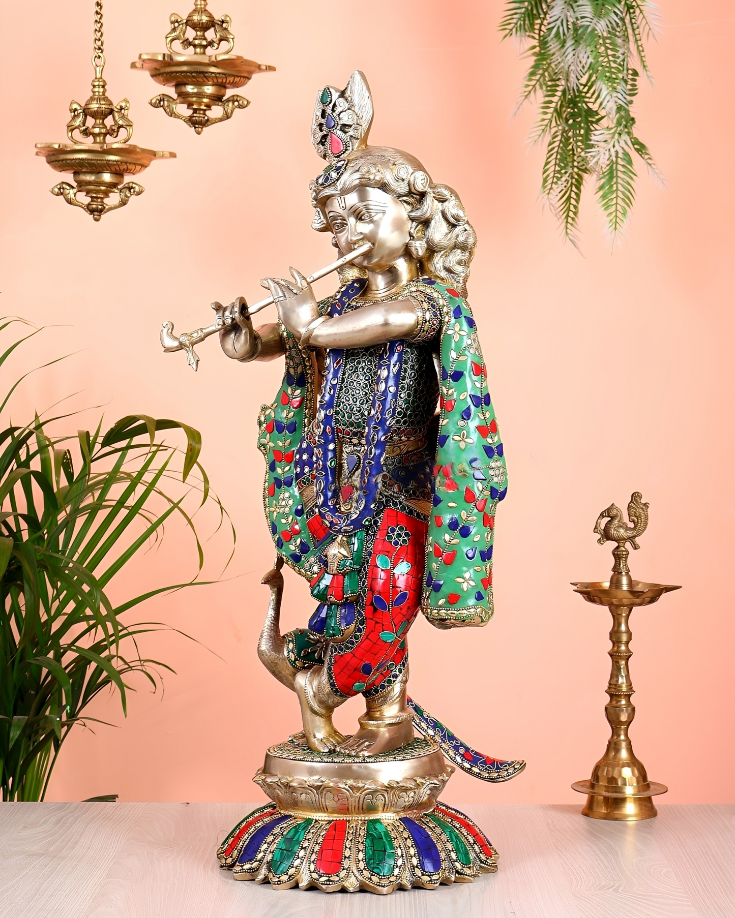 Brassaura® Brass Superfine Krishna with Peacock Statue | Height 27 Inches
