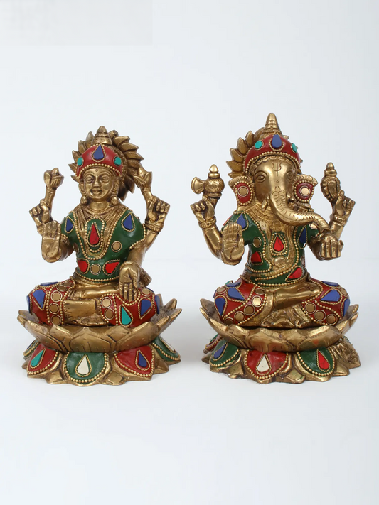 Brassaura™ Lakshmi & Ganesha Pair with Inlay Work | Height 5.91 Inches & Weight 3.95 kgs