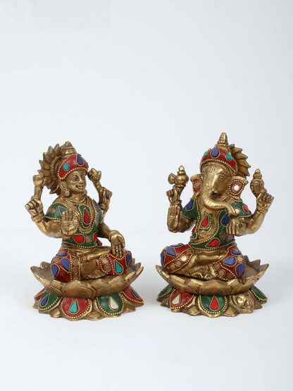 Brassaura™ Lakshmi & Ganesha Pair with Inlay Work | Height 5.91 Inches & Weight 3.95 kgs