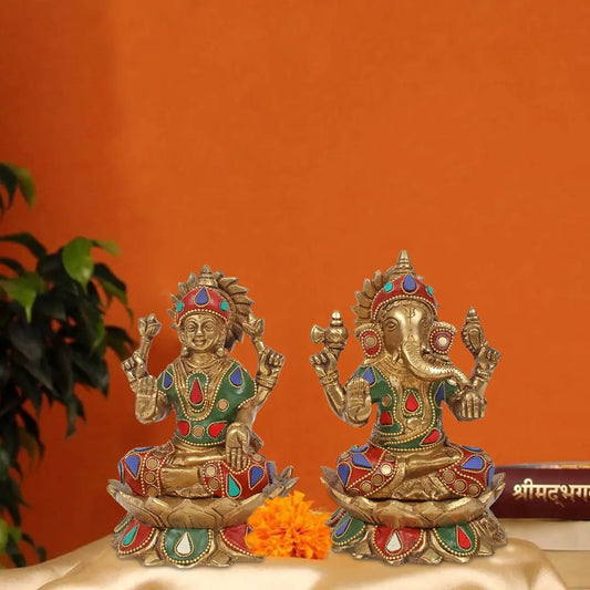 Brassaura® Lakshmi Ganesha Idol Pair with Multicolor Inlay Stonework & Lotus Bases | Pure Superfine Brass Handcrafted Murti | Brass Statue for Home Temple, Pooja Room | Height 5.91 Inches | Weight 3.95 Kgs