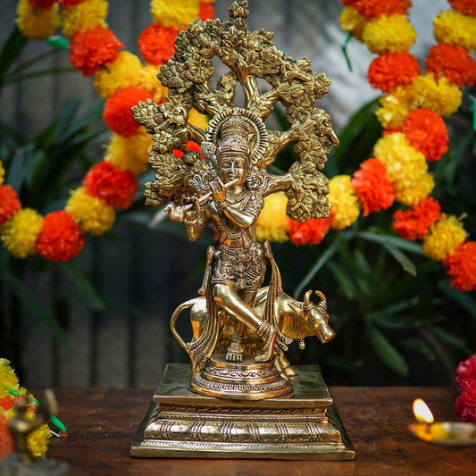 Brass Tree Cow & Krishna Playing Flute Weight 7.6 Kg And Height 17 Inch