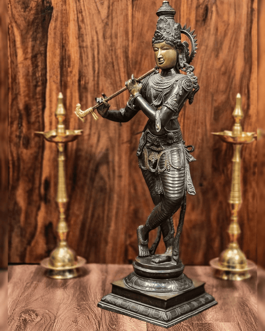 Brassaura™ Lord Krishna Brass Statue | Antique Bronze Finish | Height 35 Inches & Weight 19 Kgs