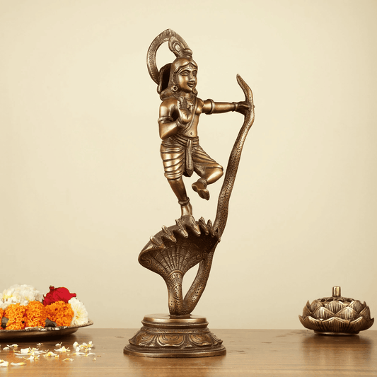Brassaura™ Krishna Dancing on Kaliya Naag | Pure Brass Idol | Height 13.2 Inches & Weight 2.4 Kgs