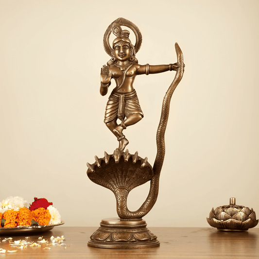 Brassaura™ Krishna Dancing on Kaliya Naag | Pure Brass Idol | Height 13.2 Inches & Weight 2.4 Kgs