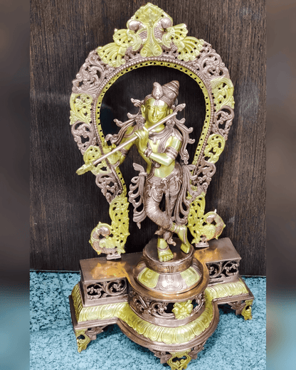 Brassaura™ Krishna Playing Flute with Prabhavali Frame | Pure Brass | Height 31 Inches & Weight 20 Kgs