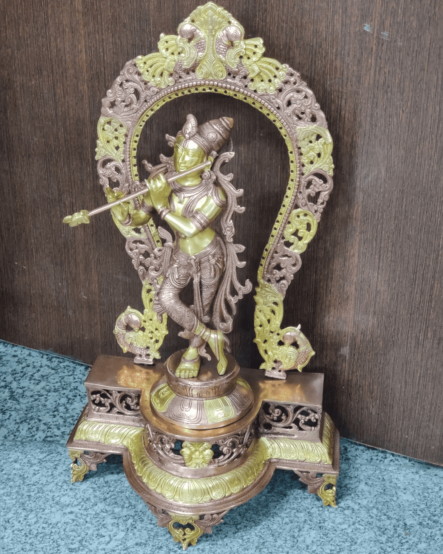 Brassaura™ Krishna Playing Flute with Prabhavali Frame | Pure Brass | Height 31 Inches & Weight 20 Kgs