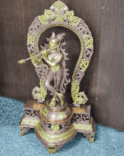 Brassaura™ Krishna Playing Flute with Prabhavali Frame | Pure Brass | Height 31 Inches & Weight 20 Kgs