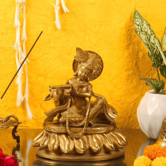 Brassaura™ Lord Krishna Sitting with Cow | Pure Brass Idol | Height 8.75 Inches & Weight 3.5 Kgs
