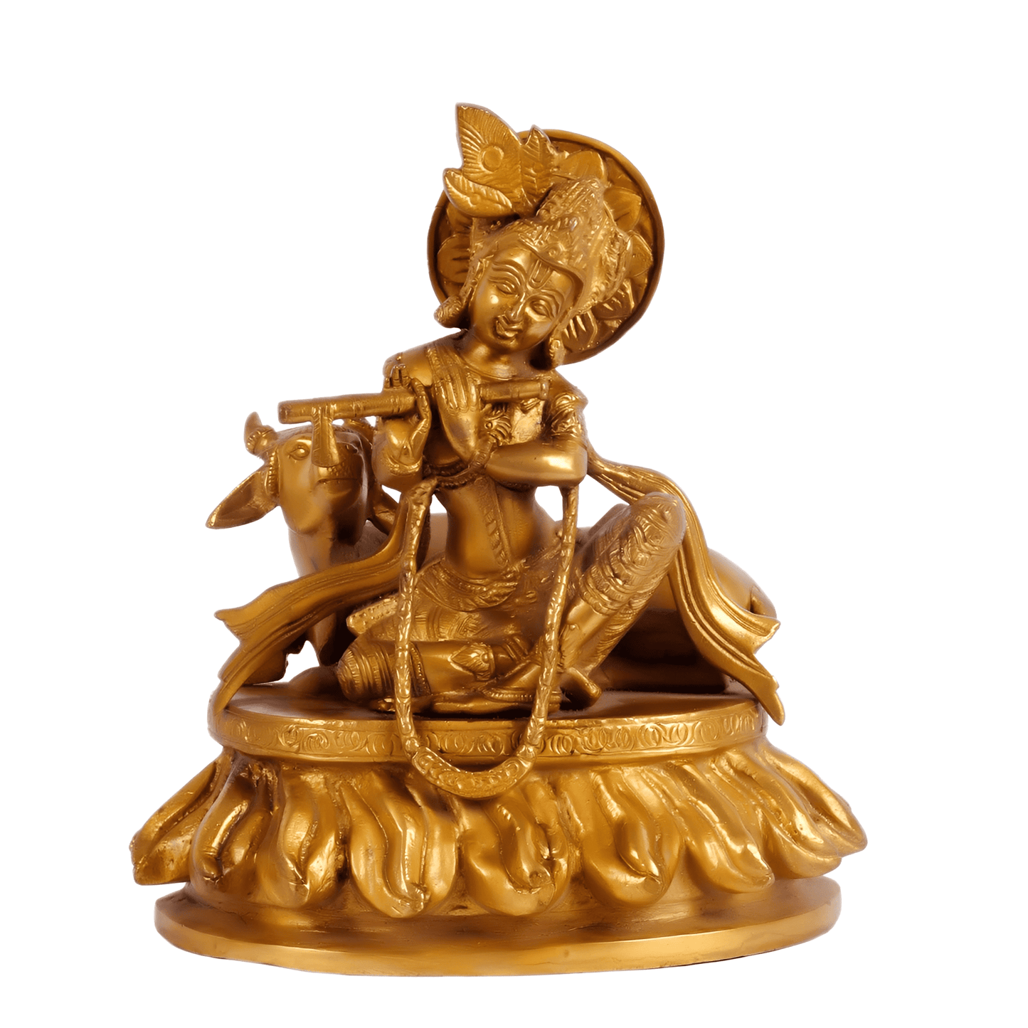 Brassaura™ Lord Krishna Sitting with Cow | Pure Brass Idol | Height 8.75 Inches & Weight 3.5 Kgs