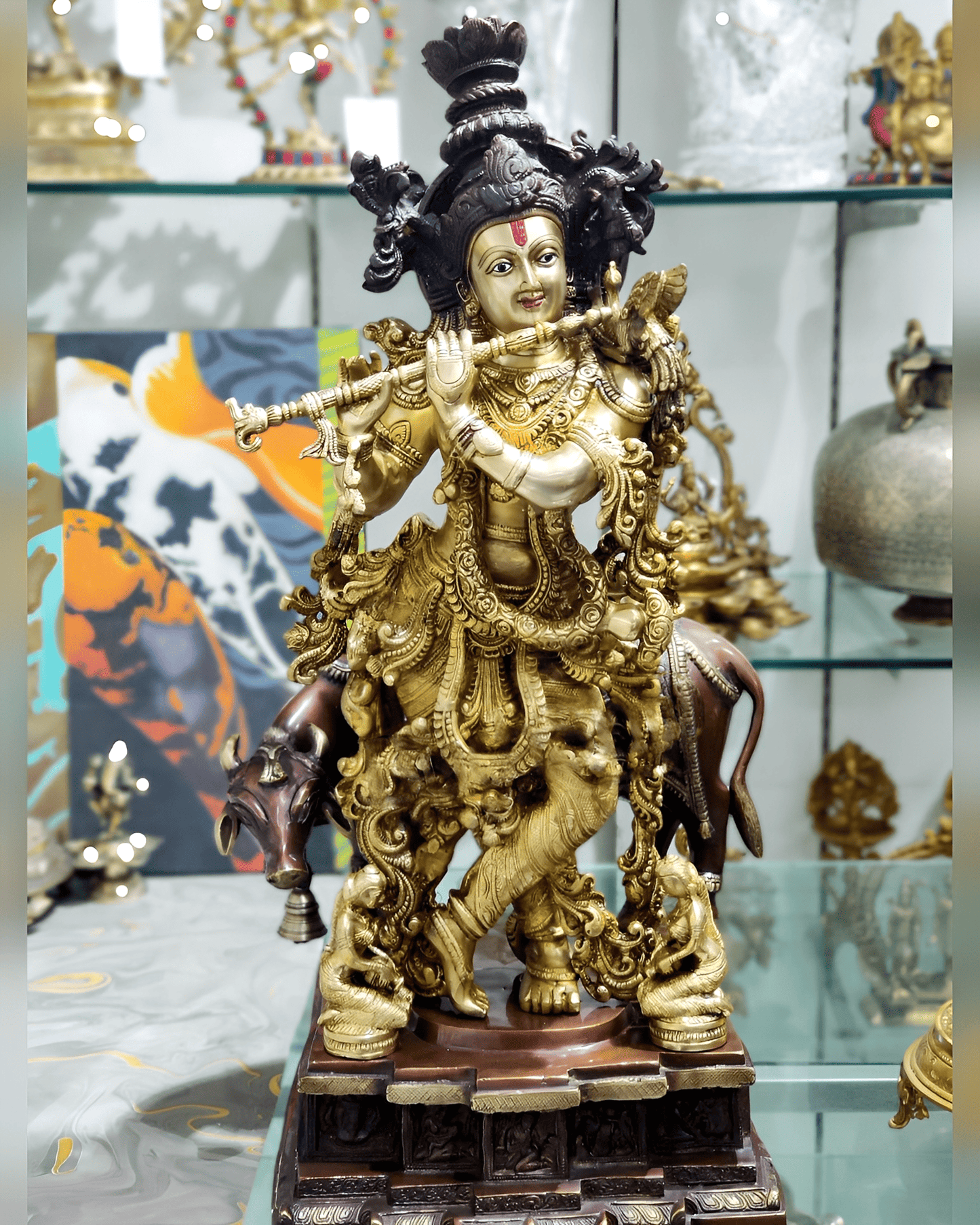 Brassaura™ Krishna Playing Flute with Cow | Height 29 Inches & Weight 35 Kgs