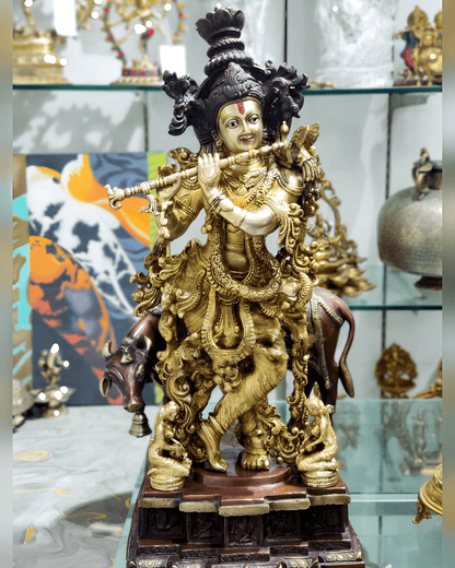 Brassaura™ Krishna Playing Flute with Cow | Height 29 Inches & Weight 35 Kgs