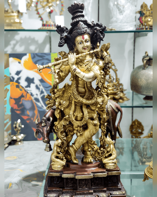 Brassaura™ Krishna Playing Flute with Cow | Height 29 Inches & Weight 35 Kgs