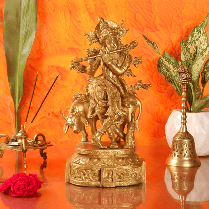 Brassaura™ Lord Krishna Brass Idol | Height 12.5 Inches & Weight 5.5 Kgs
