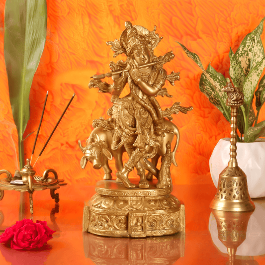 Brassaura™ Lord Krishna Brass Idol | Height 12.5 Inches & Weight 5.5 Kgs