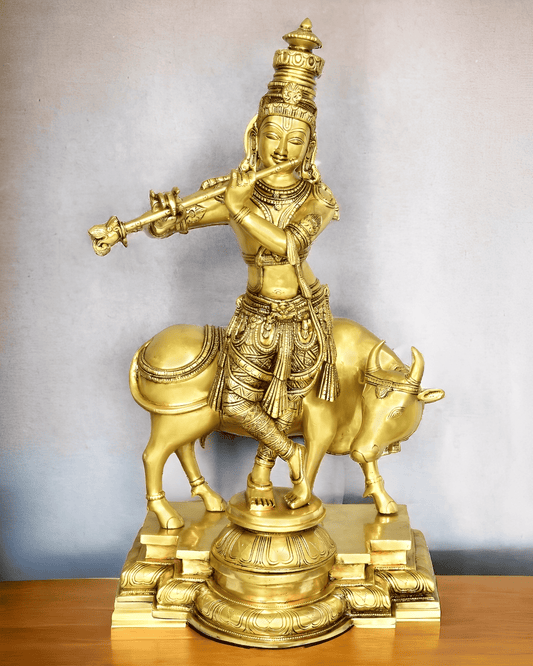 Brassaura™ Krishna with Cow | Pure Brass Handcrafted Sculpture | Height 26 Inches & Weight 26 Kgs