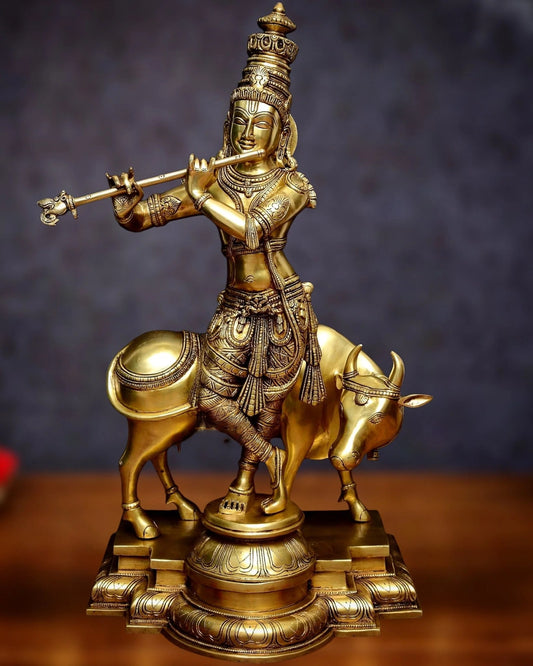Brassaura® Superfine Krishna with Cow Idol | Pure Brass Golden Finish | Brass Murti for Home Temple, Pooja Room, Spiritual Décor & Luxury Gifting | Height 27 Inches | Weight 26 Kg