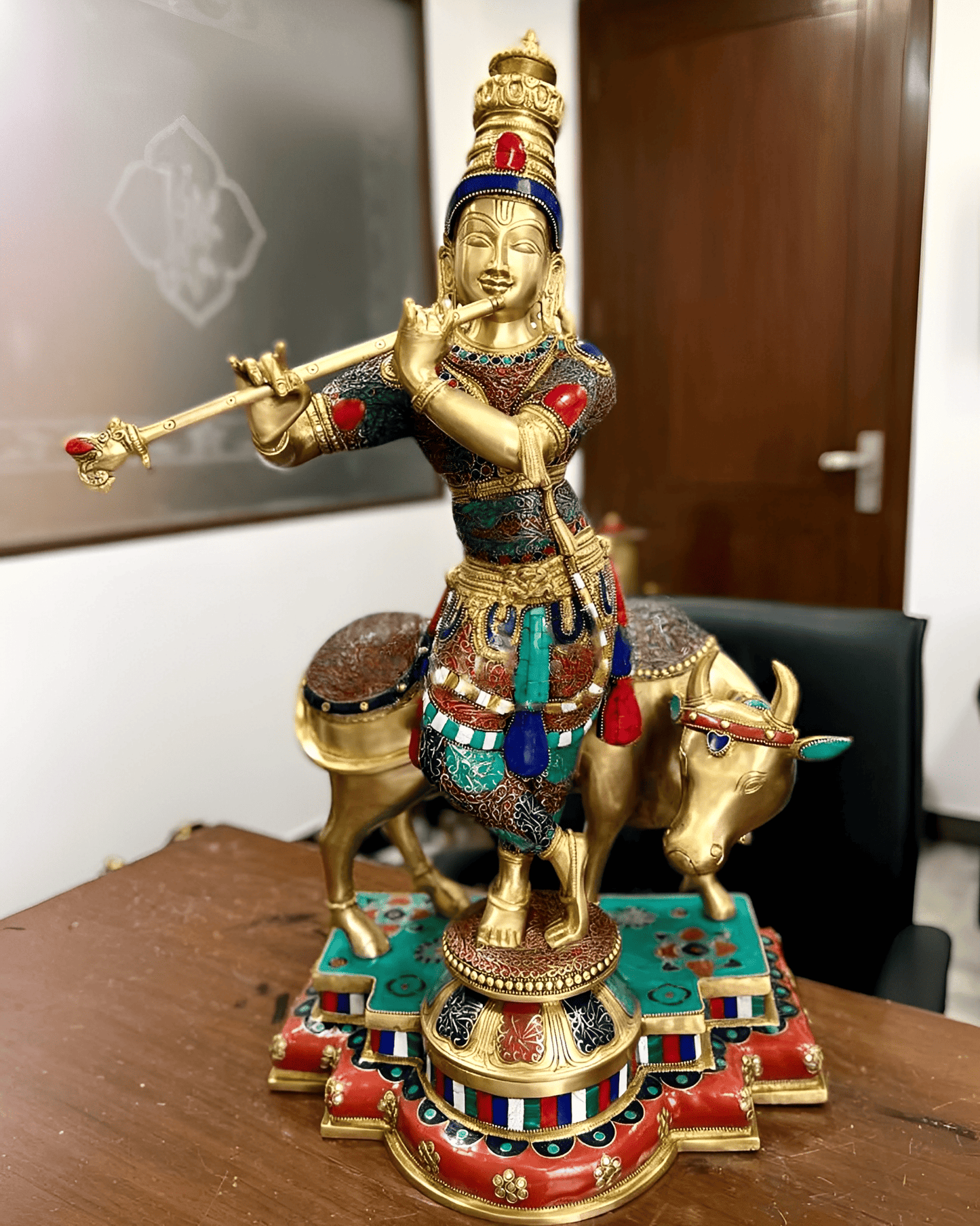 Brassaura™ Krishna with Cow | Pure Brass with Meenakari Stonework | Height 25.5 Inches & Weight 28 Kgs