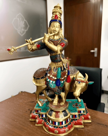 Brassaura™ Krishna with Cow | Pure Brass with Meenakari Stonework | Height 25.5 Inches & Weight 28 Kgs