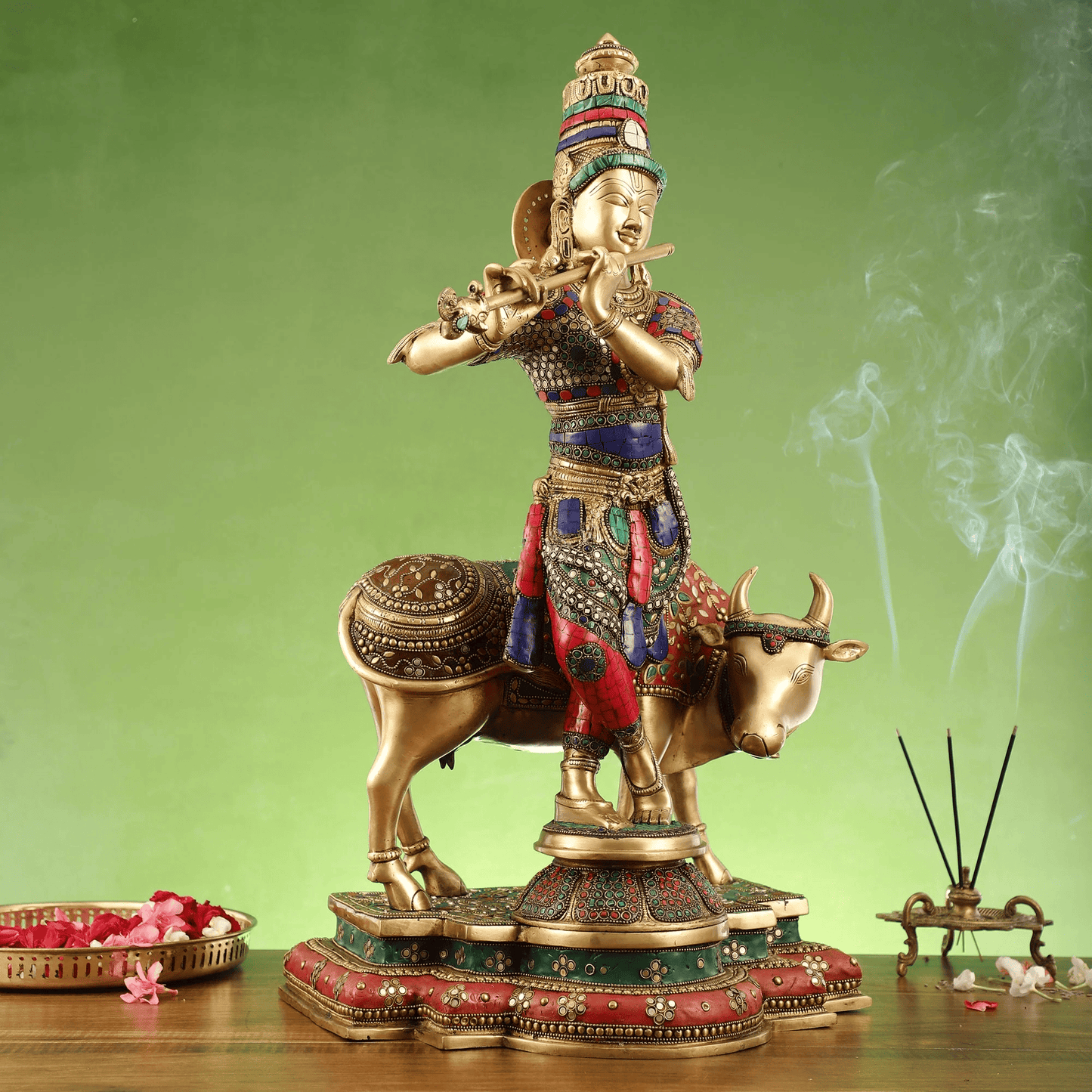Brassaura™ Krishna with Cow | Pure Brass with Meenakari Stonework | Height 26 Inches & Weight 28 Kgs