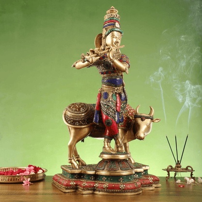 Brassaura™ Krishna with Cow | Pure Brass with Meenakari Stonework | Height 26 Inches & Weight 28 Kgs