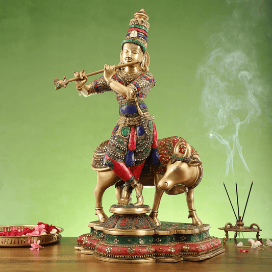 Brassaura™ Krishna with Cow | Pure Brass with Meenakari Stonework | Height 26 Inches & Weight 28 Kgs