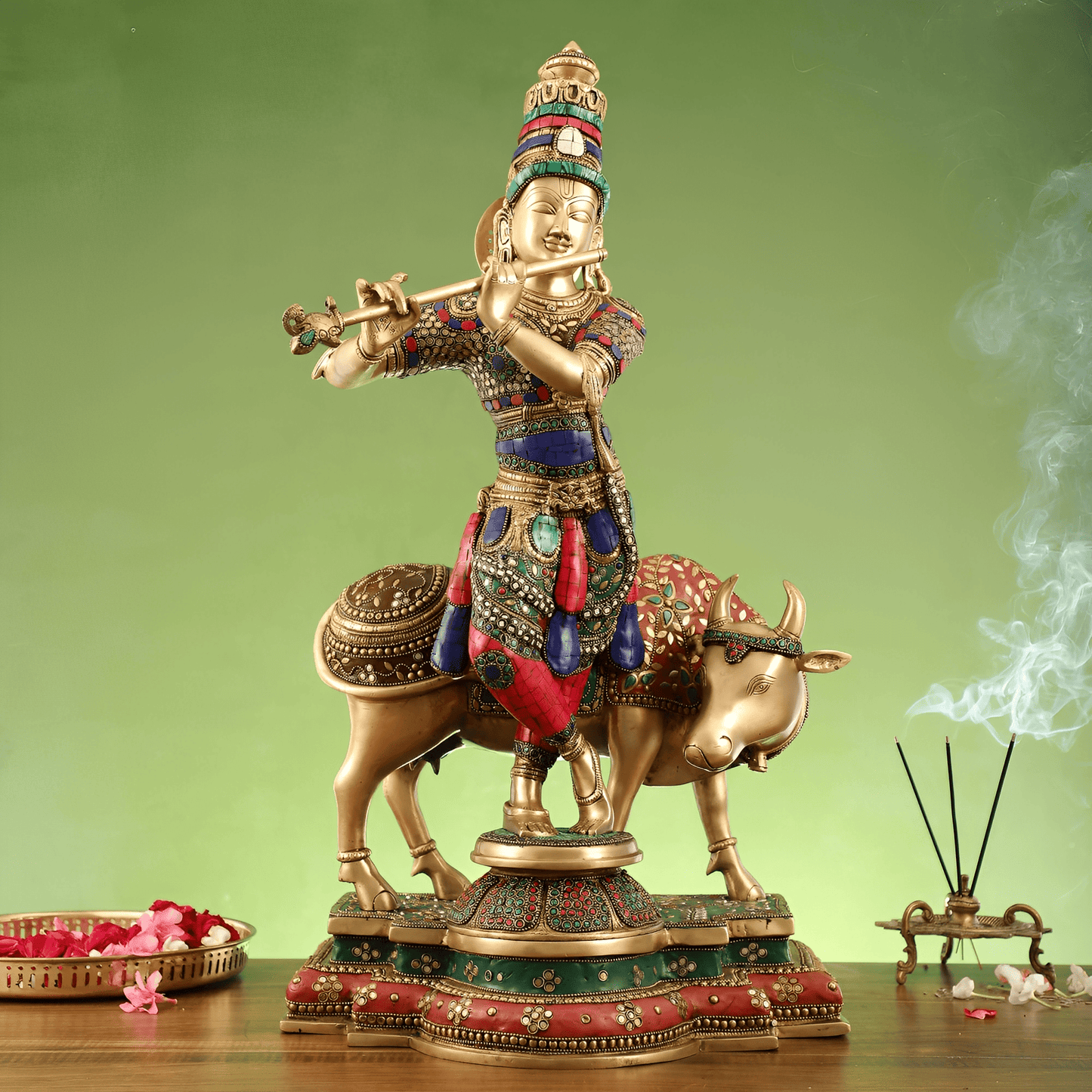 Brassaura™ Krishna with Cow | Pure Brass with Meenakari Stonework | Height 26 Inches & Weight 28 Kgs