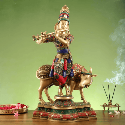 Brassaura™ Krishna with Cow | Pure Brass with Meenakari Stonework | Height 26 Inches & Weight 28 Kgs