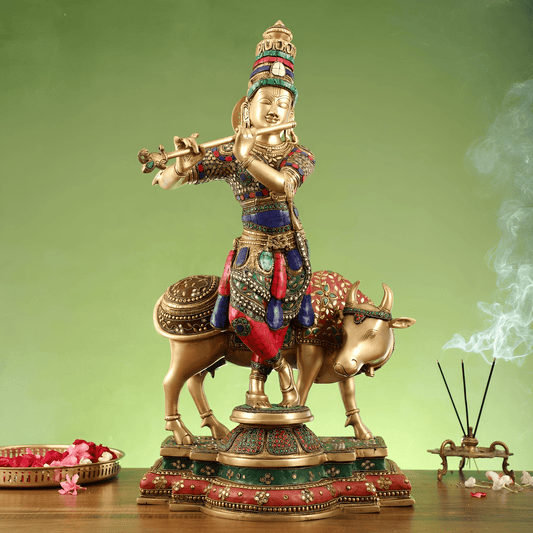 Brassaura™ Krishna with Cow | Pure Brass with Meenakari Stonework | Height 26 Inches & Weight 28 Kgs