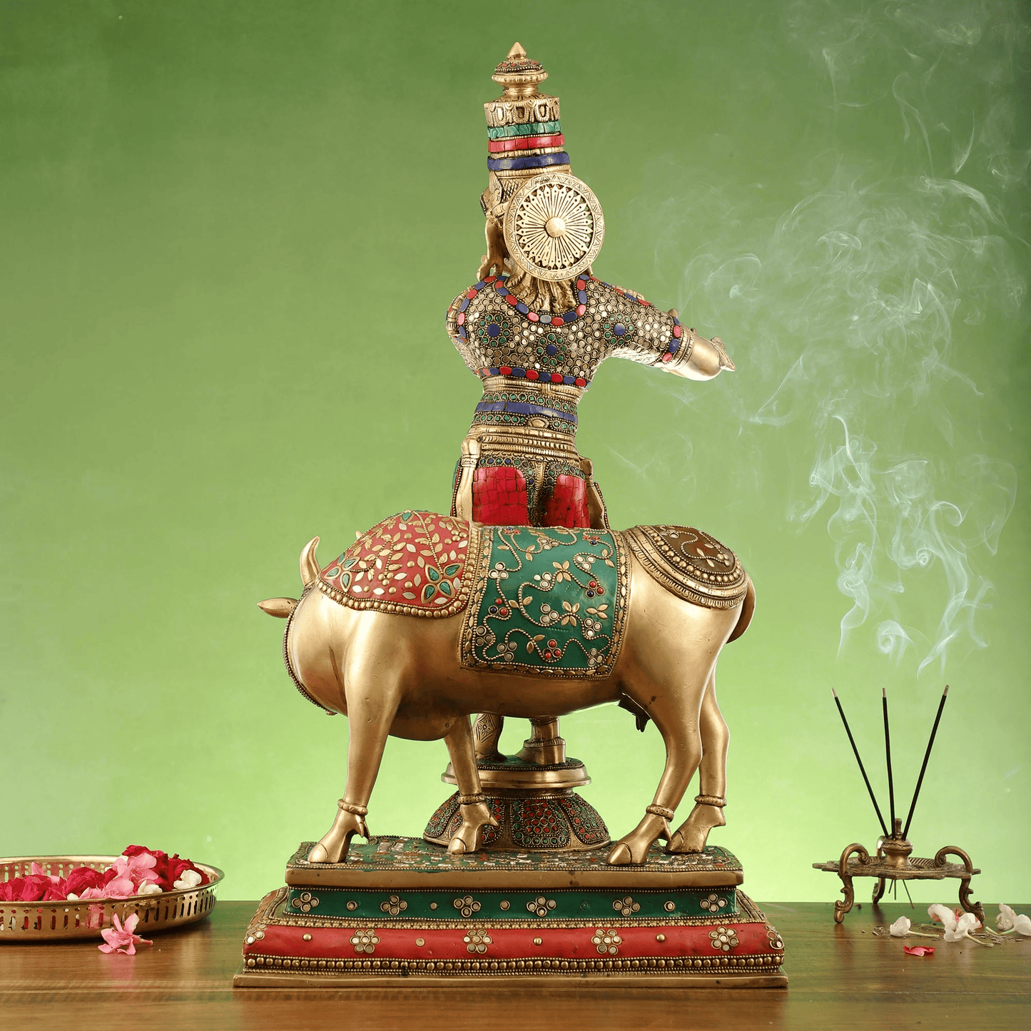 Brassaura™ Krishna with Cow | Pure Brass with Meenakari Stonework | Height 26 Inches & Weight 28 Kgs