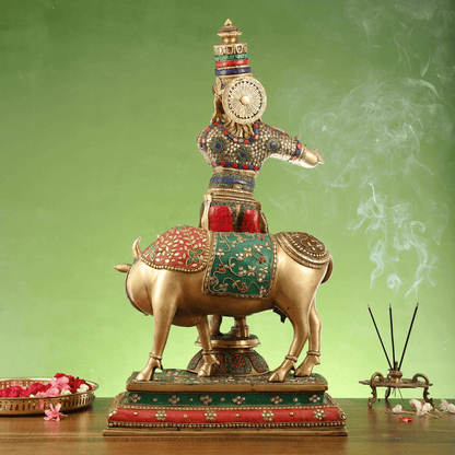 Brassaura™ Krishna with Cow | Pure Brass with Meenakari Stonework | Height 26 Inches & Weight 28 Kgs