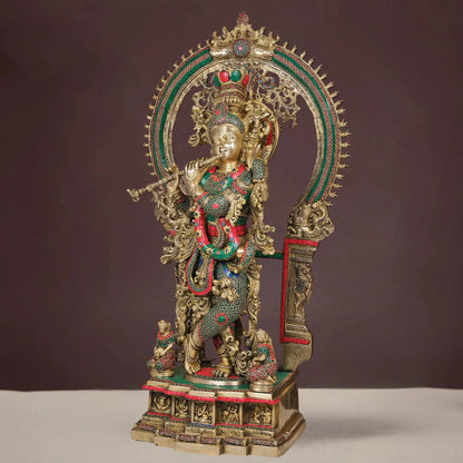 Brassaura® Brass Large Krishna Statue with Stone Work | Height 32 Inches