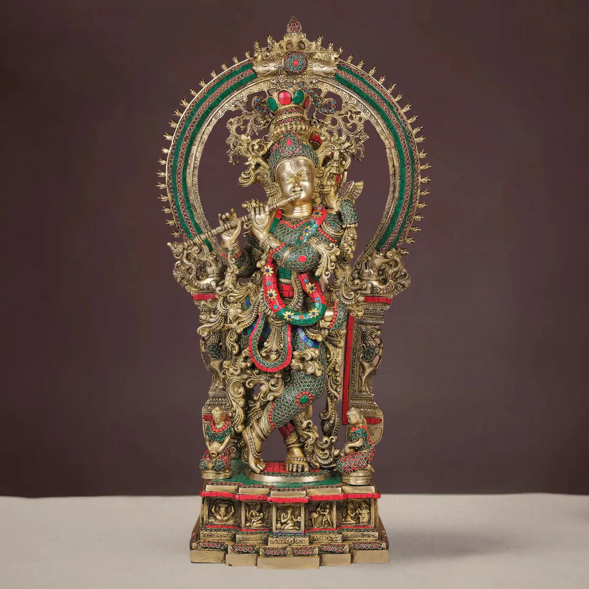 Brassaura® Brass Large Krishna Statue with Stone Work | Height 32 Inches