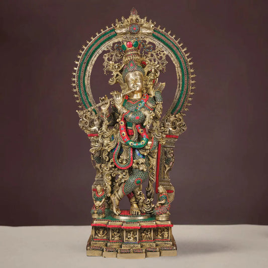 Brassaura® Brass Large Krishna Statue with Stone Work | Height 32 Inches