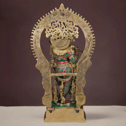 Brassaura® Brass Large Krishna Statue with Stone Work | Height 32 Inches