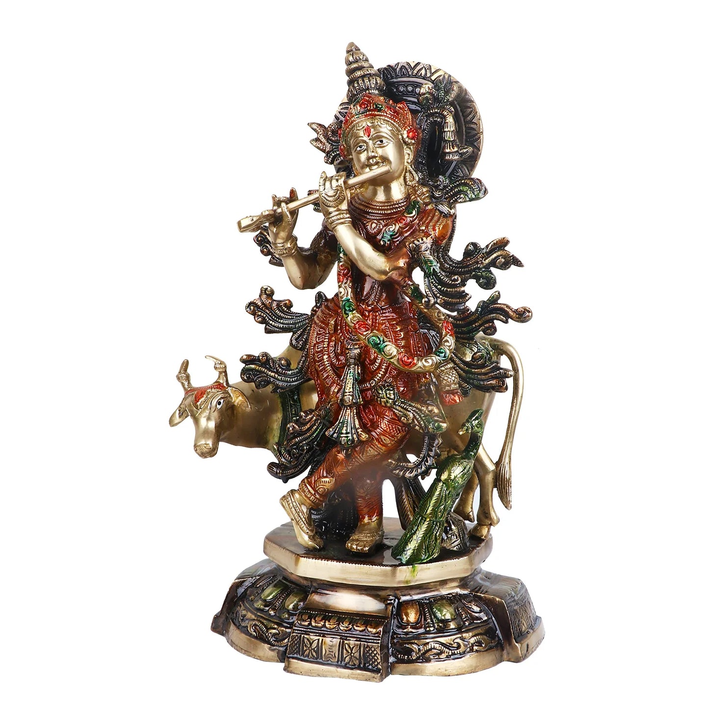 Brassaura® Brass Krishna with Cow Colorful Idol | Height 15 Inches