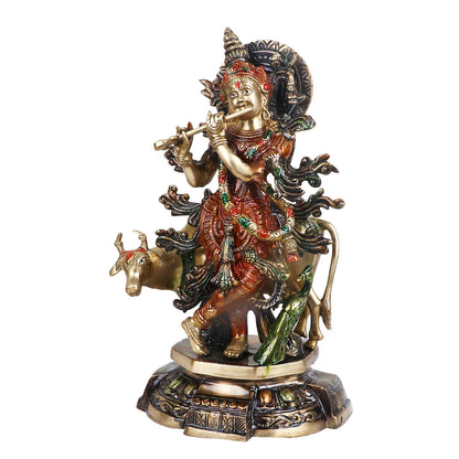 Brassaura® Brass Krishna with Cow Colorful Idol | Height 15 Inches